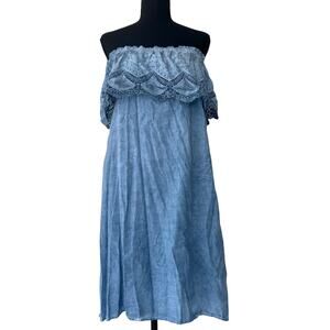Vintage Knox Rose chambray off-the-shoulder crochet lace top Y2K dress S